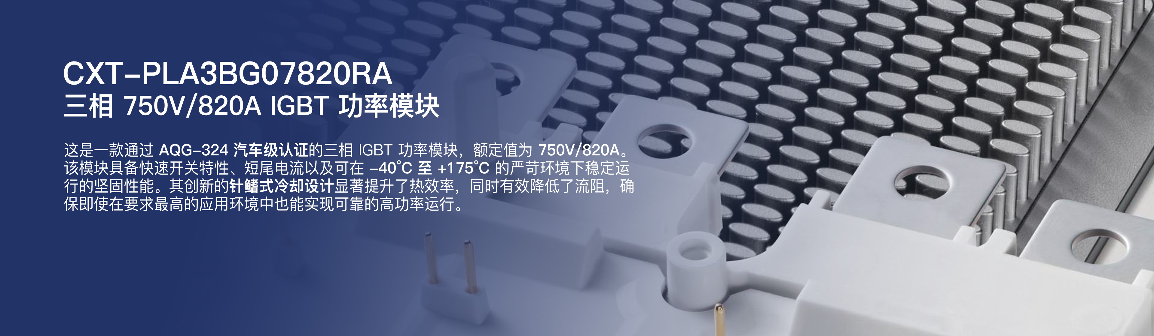     CXT-PLA3BG07820RA 汽车级IGBT功率模块
    750V / 820A 标杆级性能！
    -40°C ~ +175°C 宽温域稳定运行，搭配创新针鳍散热，成就巅峰效能与可靠性。